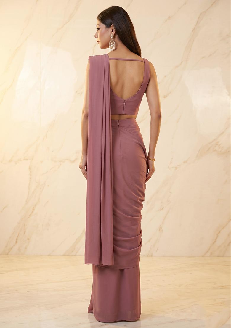 Mauve Embroidered Handwork Pre Draped Saree Set - Indya