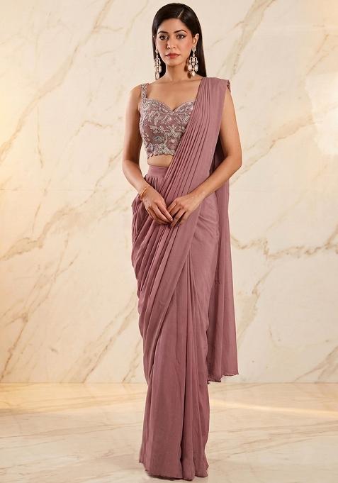 Mauve Embroidered Handwork Pre Draped Saree Set