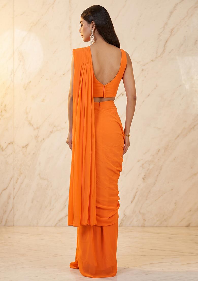 Orange Embroidered Handwork Pre Draped Saree Set - Indya