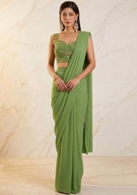 Olive Green Embroidered Handwork Pre Draped Saree Set
