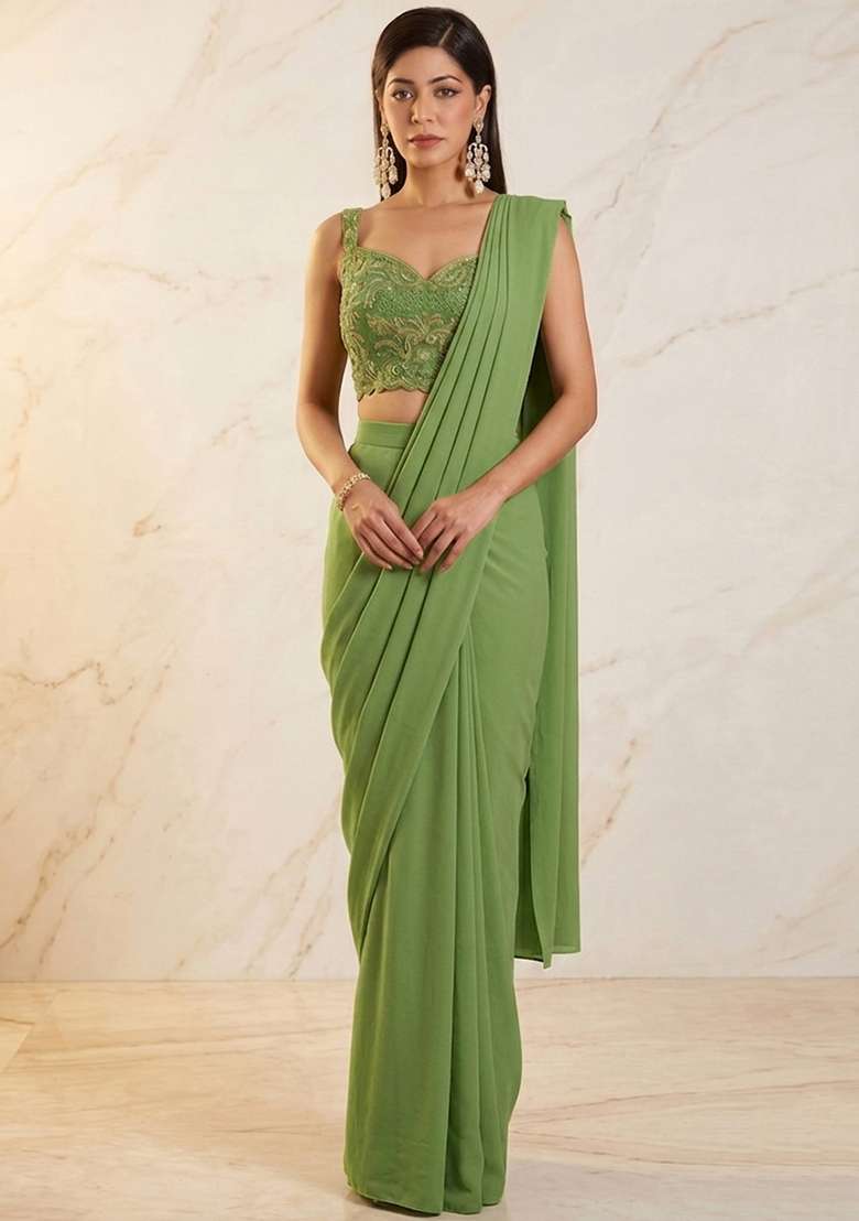 Olive Green Embroidered Handwork Pre Draped Saree Set - Indya