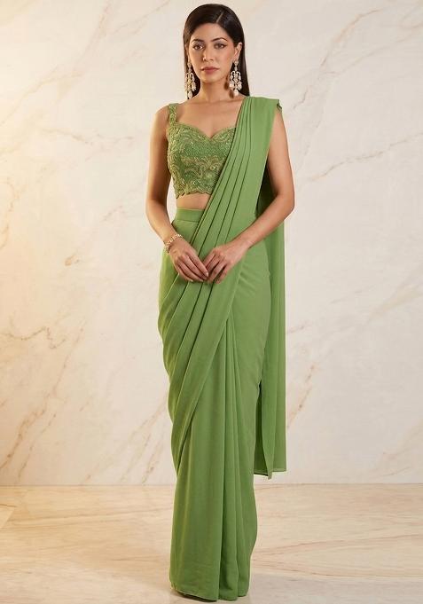 Olive Green Embroidered Handwork Pre Draped Saree Set
