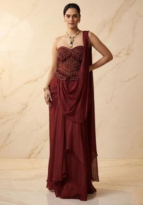 Deep Maroon Embroidered Handwork Pre Draped Saree Set