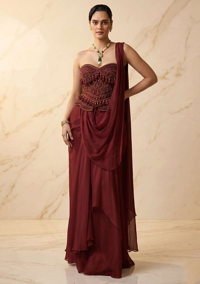 Deep Maroon Embroidered Handwork Pre Draped Saree Set - Indya