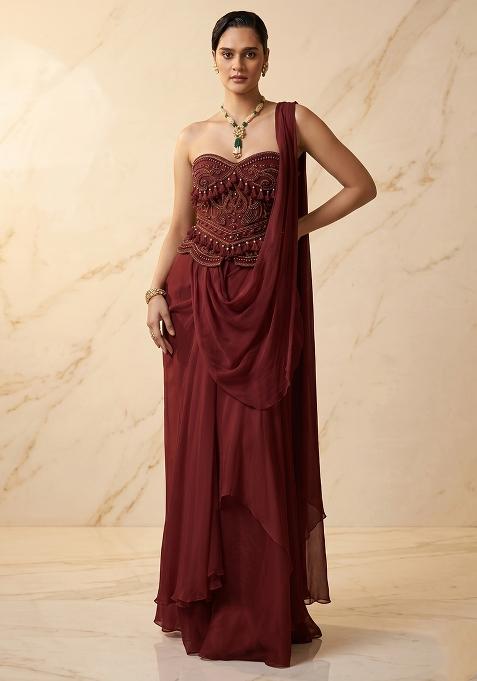 Deep Maroon Embroidered Handwork Pre Draped Saree Set