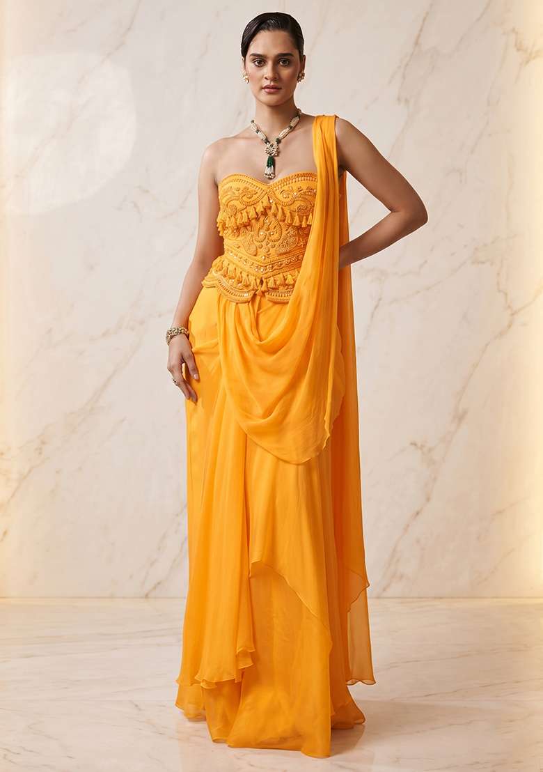 Saffron Embroidered Handwork Pre Draped Saree Set - Indya