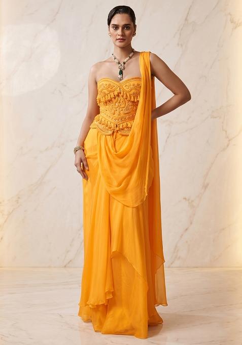 Saffron Embroidered Handwork Pre Draped Saree Set