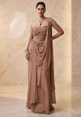 Light Brown Embroidered Handwork Pre Draped Saree Set