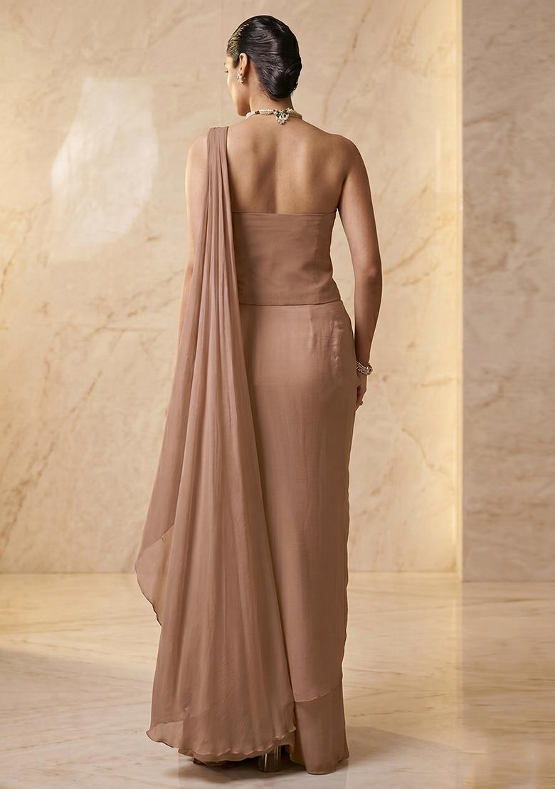 Light Brown Embroidered Handwork Pre Draped Saree Set - Indya