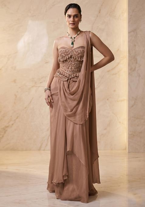 Light Brown Embroidered Handwork Pre Draped Saree Set