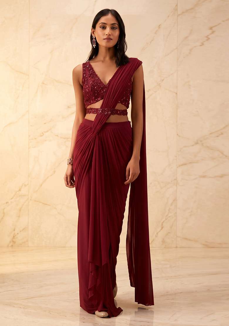 Deep Wine Embroidered Handwork Pre Draped Saree Set - Indya