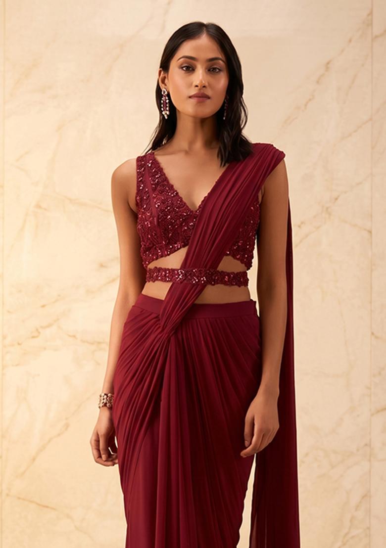 Deep Wine Embroidered Handwork Pre Draped Saree Set - Indya