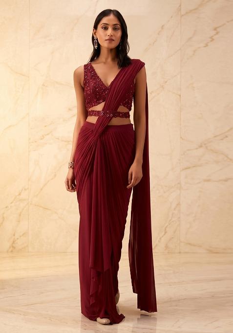 Deep Wine Embroidered Handwork Pre Draped Saree Set