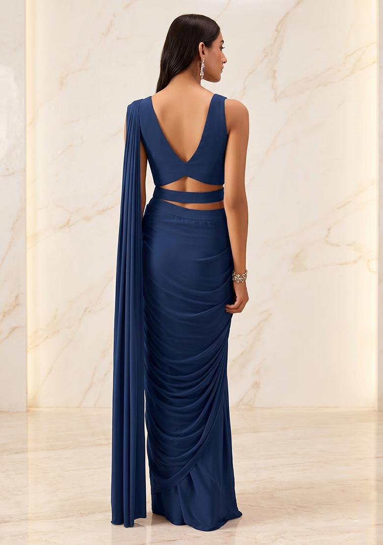 Navy Blue Embroidered Handwork Pre Draped Saree Set - Indya