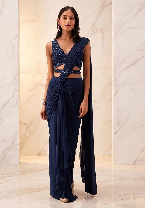 Navy Blue Embroidered Handwork Pre Draped Saree Set