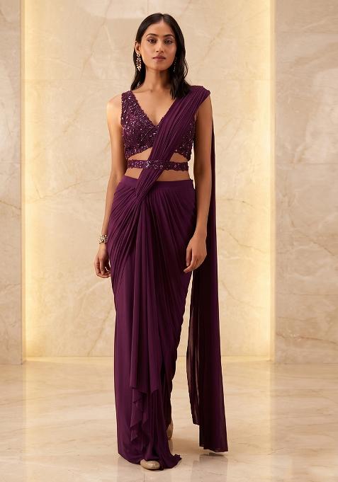 Plum Embroidered Handwork Pre Draped Saree Set