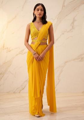 Yellow Embroidered Handwork Pre Draped Saree Set