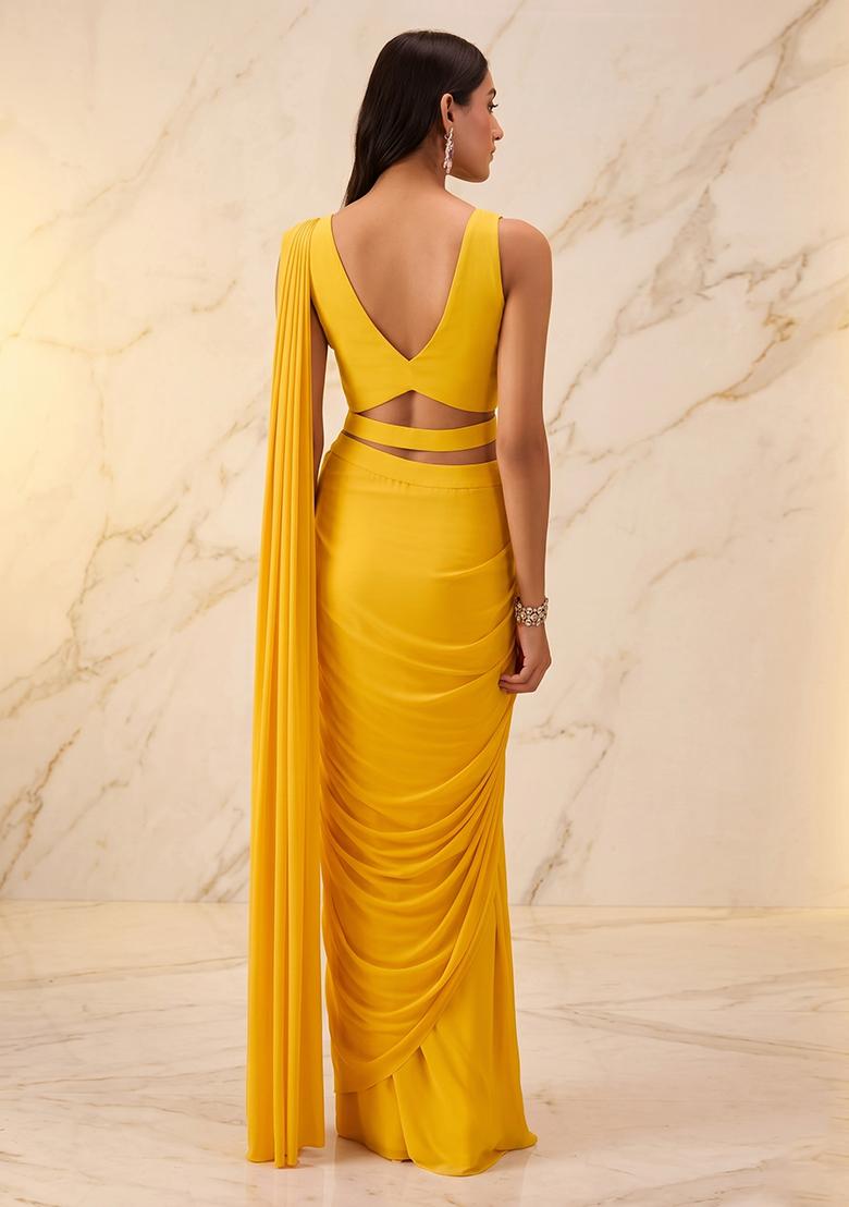 Yellow Embroidered Handwork Pre Draped Saree Set - Indya