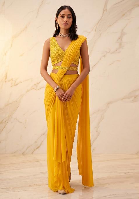 Yellow Embroidered Handwork Pre Draped Saree Set