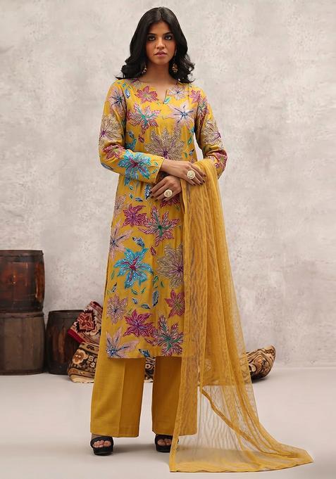 Mustard Yellow Printed Crepe Kurta Set