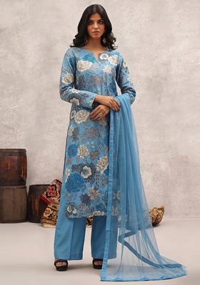Pastel Blue Printed Chinon Kurta Set