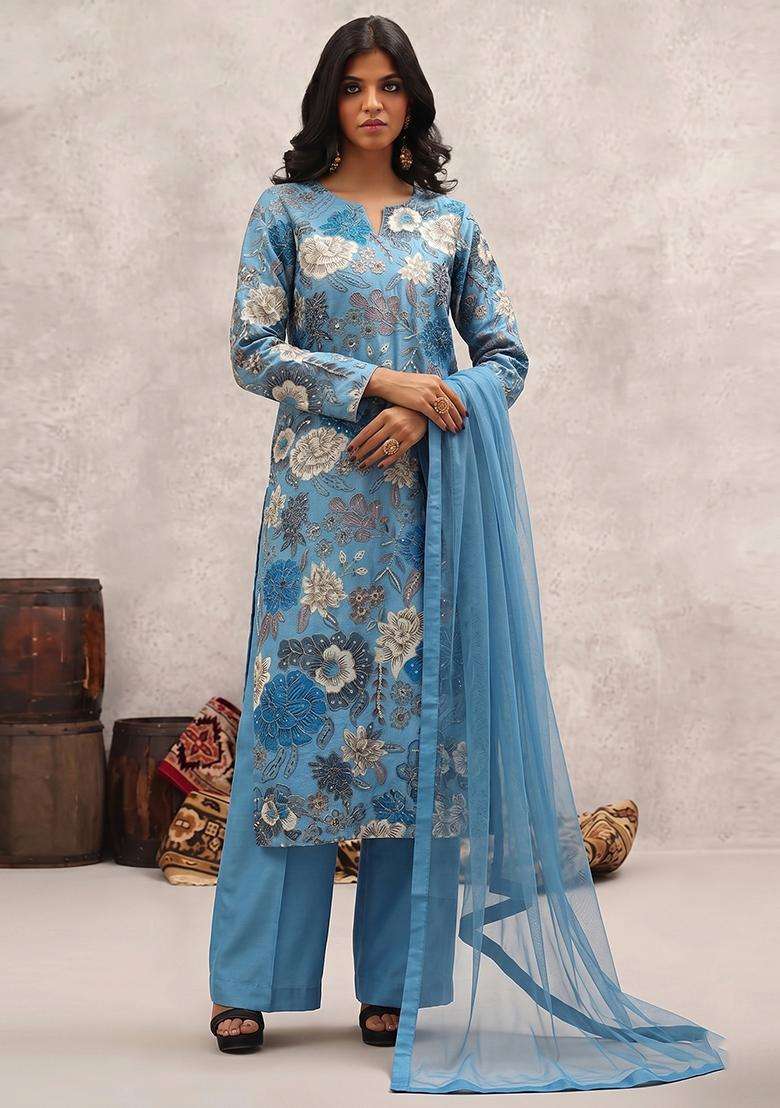 Pastel Blue Printed Chinon Kurta Set - Indya