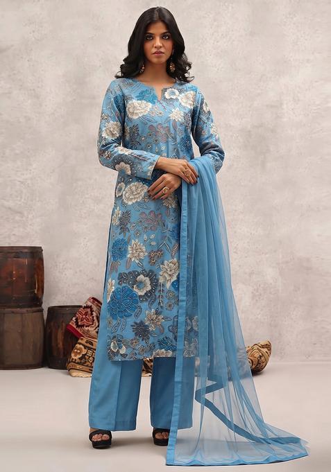 Pastel Blue Printed Chinon Kurta Set
