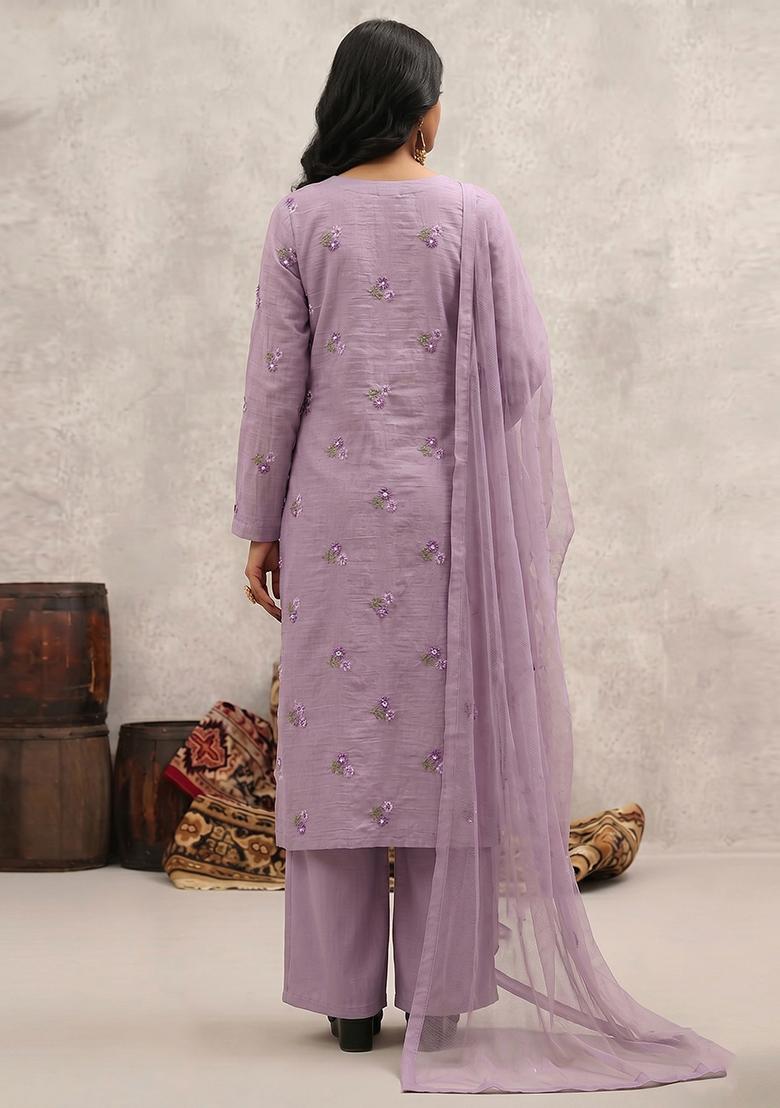 Lavender Embroidered Chanderi Kurta Set - Indya