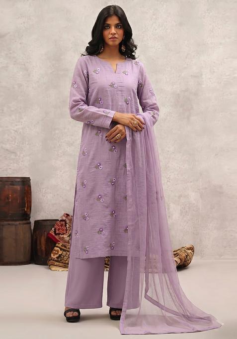 Lavender Embroidered Chanderi Kurta Set