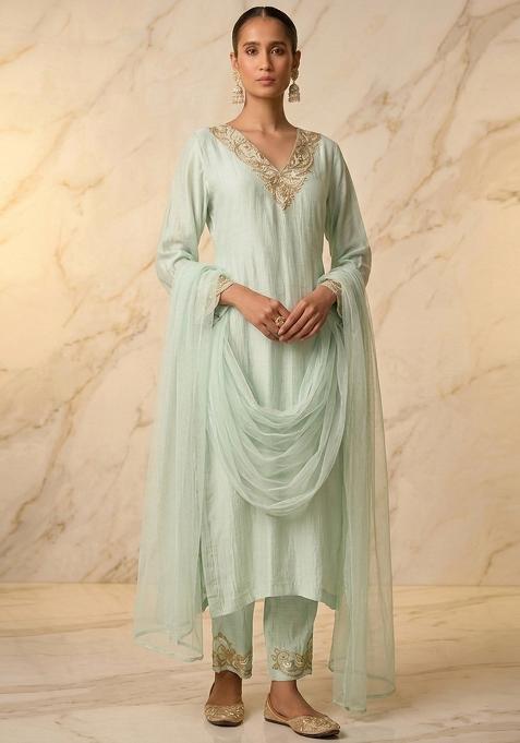 Mint Green Embroidered Handwork Kurta Set