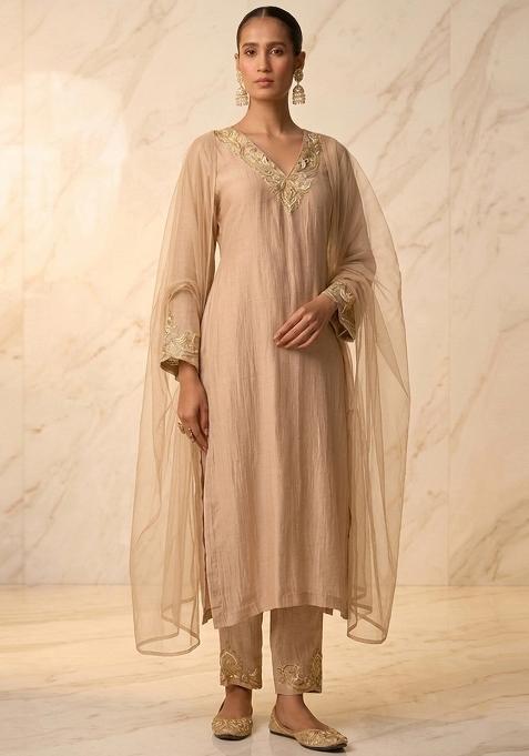 Beige Embroidered Handwork Kurta Set