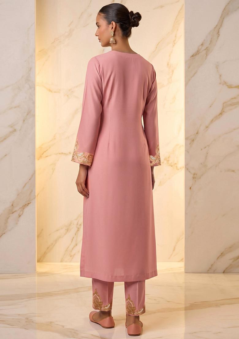 Light Pink Embroidered Handwork Kurta Set - Indya