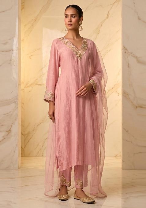 Light Pink Embroidered Handwork Kurta Set