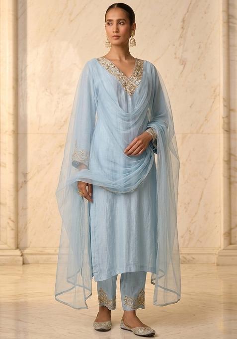 Pastel Blue Embroidered Handwork Kurta Set