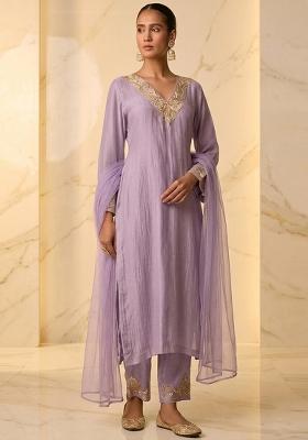 Lavender Embroidered Handwork Kurta Set