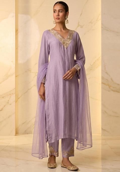 Lavender Embroidered Handwork Kurta Set