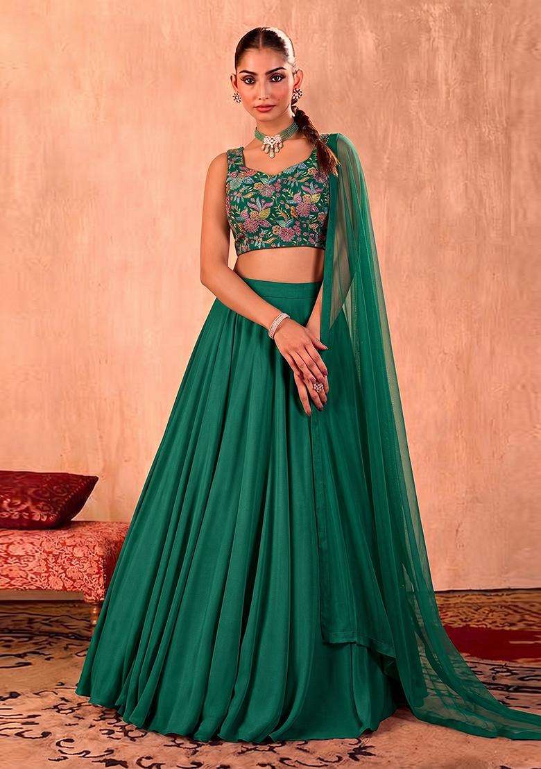 Emerald Green Printed Crepe Lehenga Set for Diwali and Festive Wear - Indya