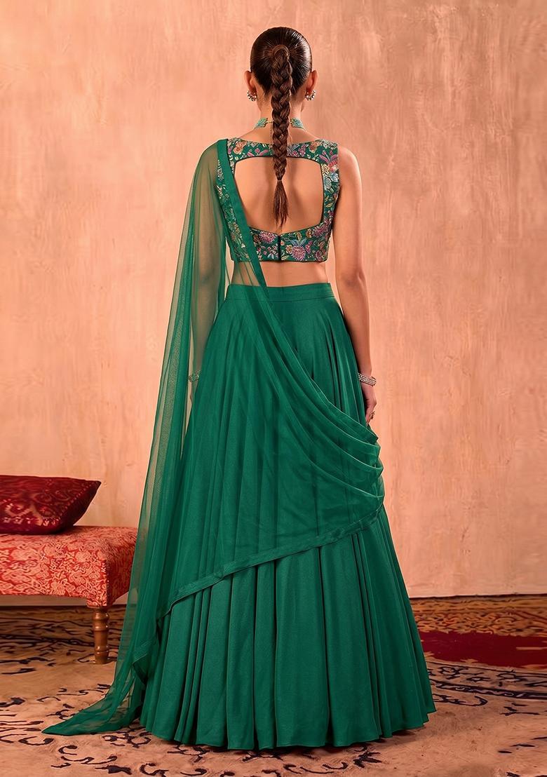 Emerald Green Printed Crepe Lehenga Set - Indya