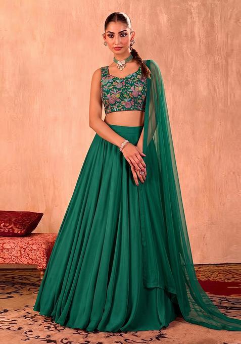 Emerald Green Printed Crepe Lehenga Set