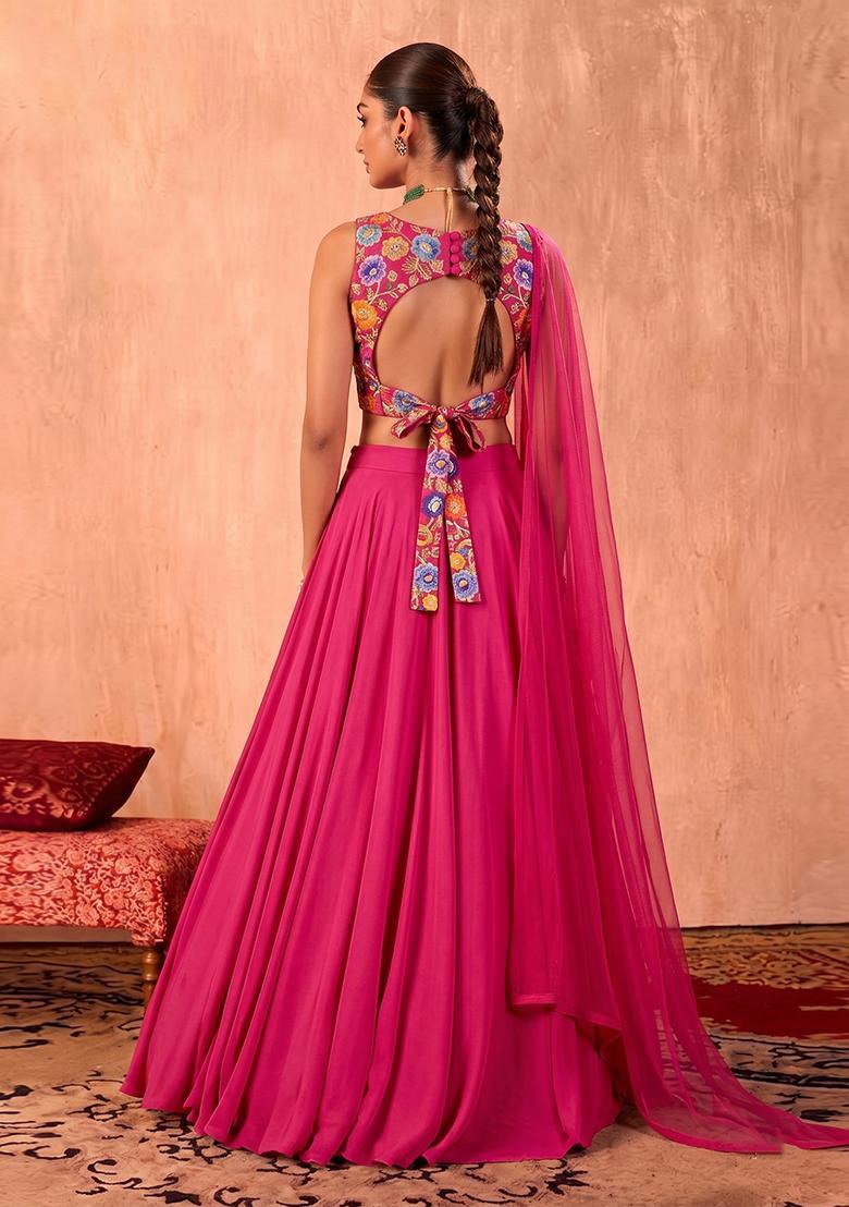 Rani Pink Printed Crepe Lehenga Set - Indya