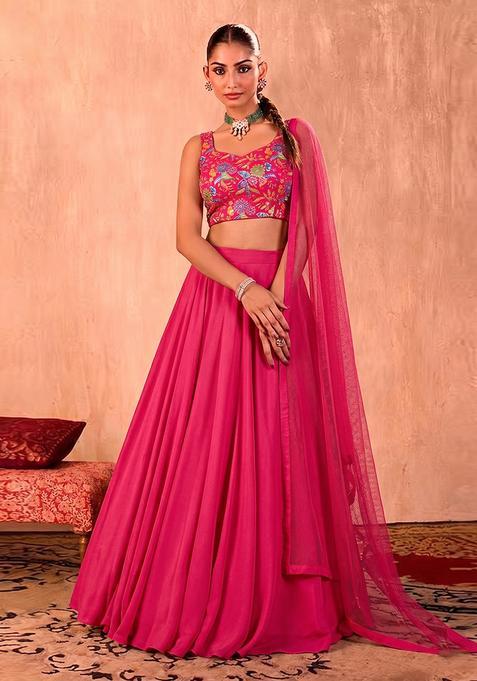 Rani Pink Printed Crepe Lehenga Set