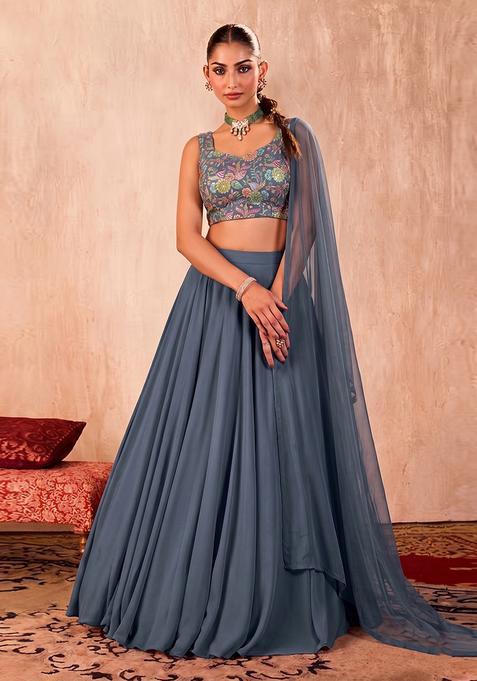 Grey Printed Crepe Lehenga Set