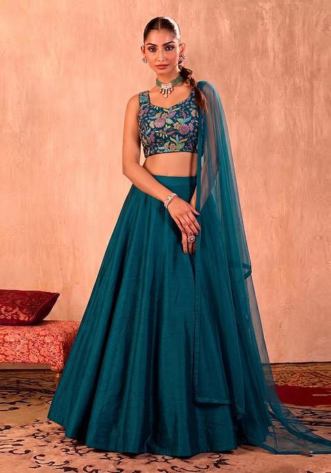 Teal Blue Printed Crepe Lehenga Set