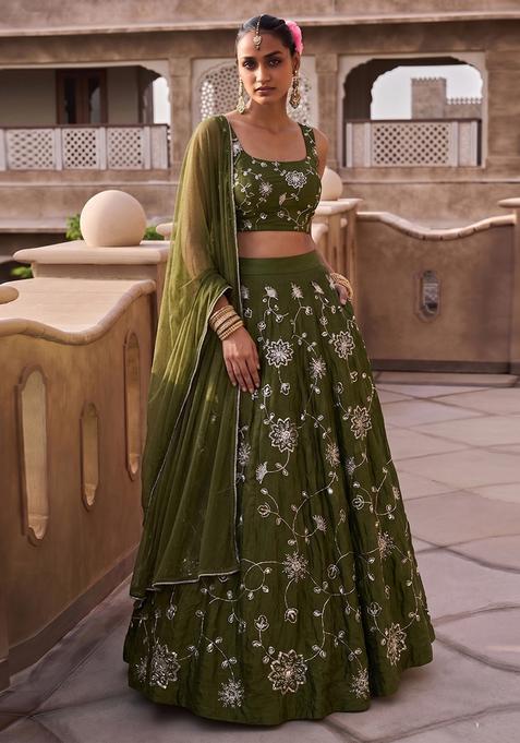 Olive Green Embroidered Silk Lehenga Set