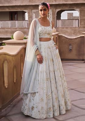 Ivory Embroidered Silk Blend Lehenga Set