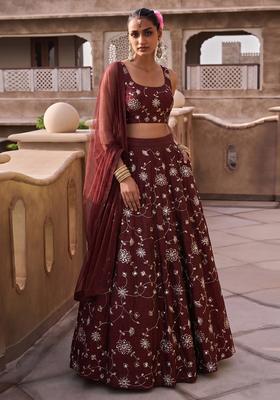 Deep Brown Embroidered Silk Lehenga Set