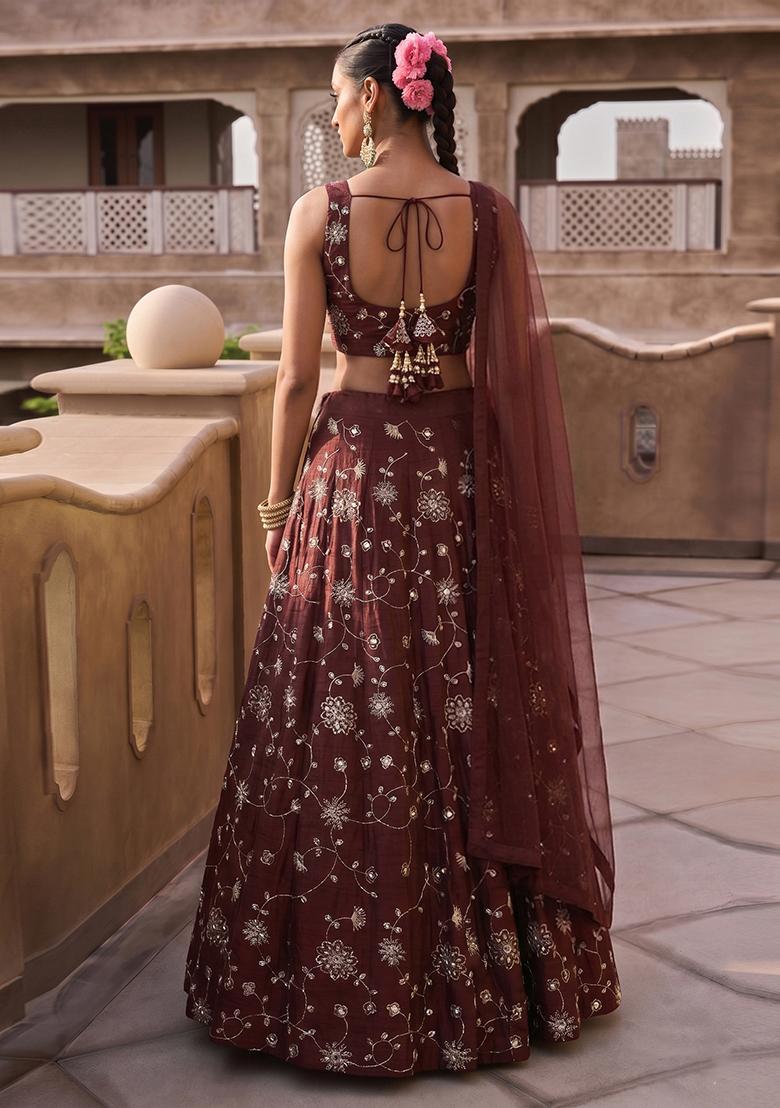 Deep Brown Embroidered Silk Blend Lehenga Set - Indya