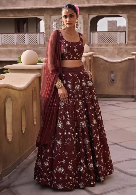 Deep Brown Embroidered Silk Lehenga Set