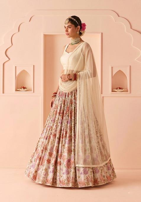 Ivory Printed Organza Lehenga Set
