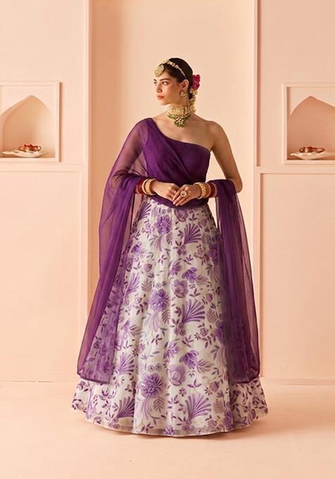 Lavender Printed Organza Lehenga Set
